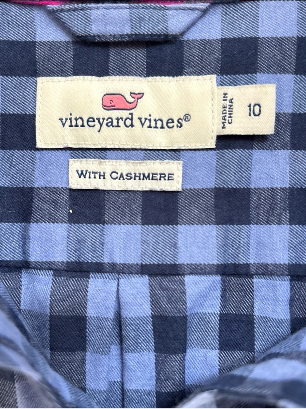 Women’s Vineyard Vines Blue and Navy Plaid Cashmere-Blend Button Shirt Sz 10
